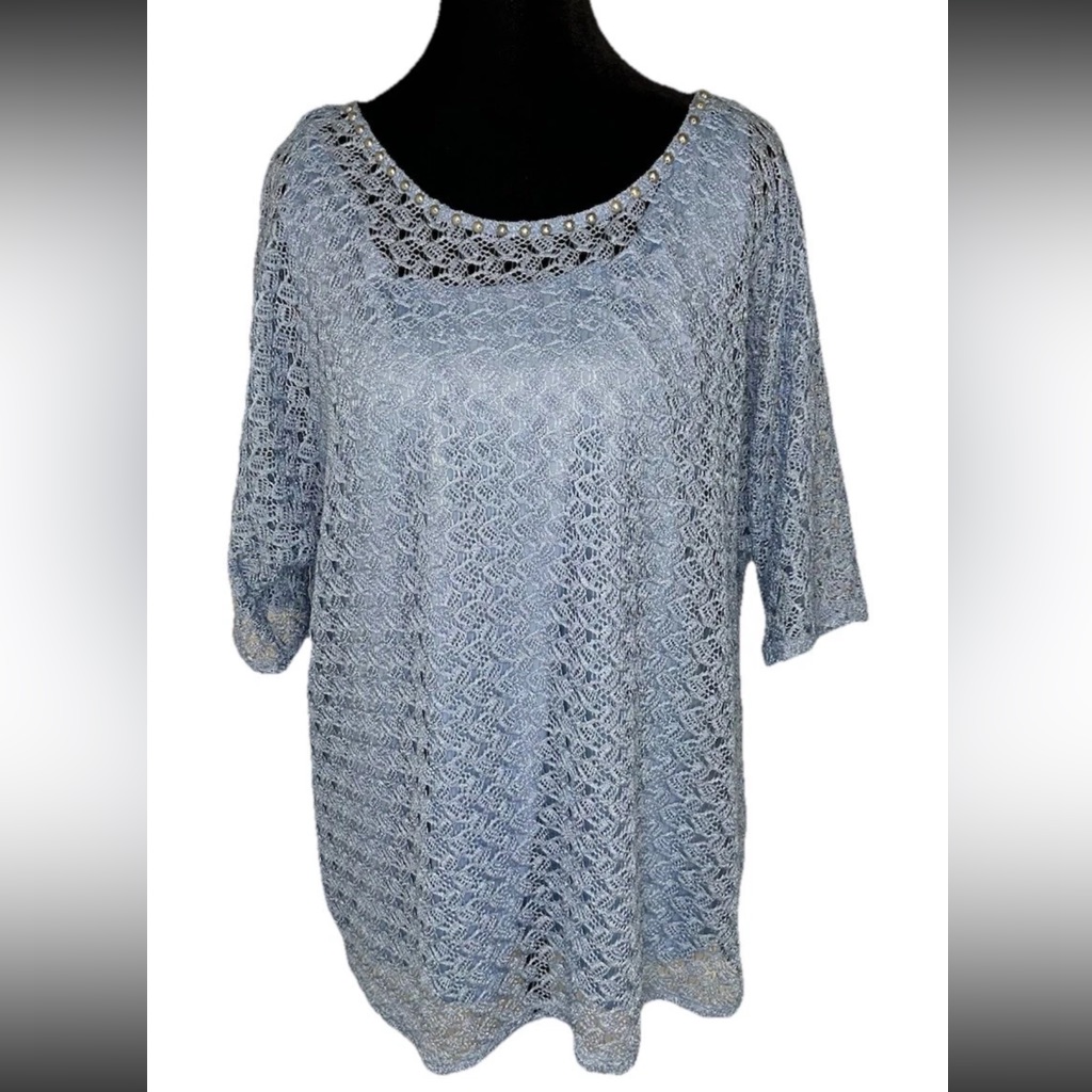 Ruby Rd Blue Women’s 2xl Crochet Overlay Attached Pullover Tank Blouse Beaded